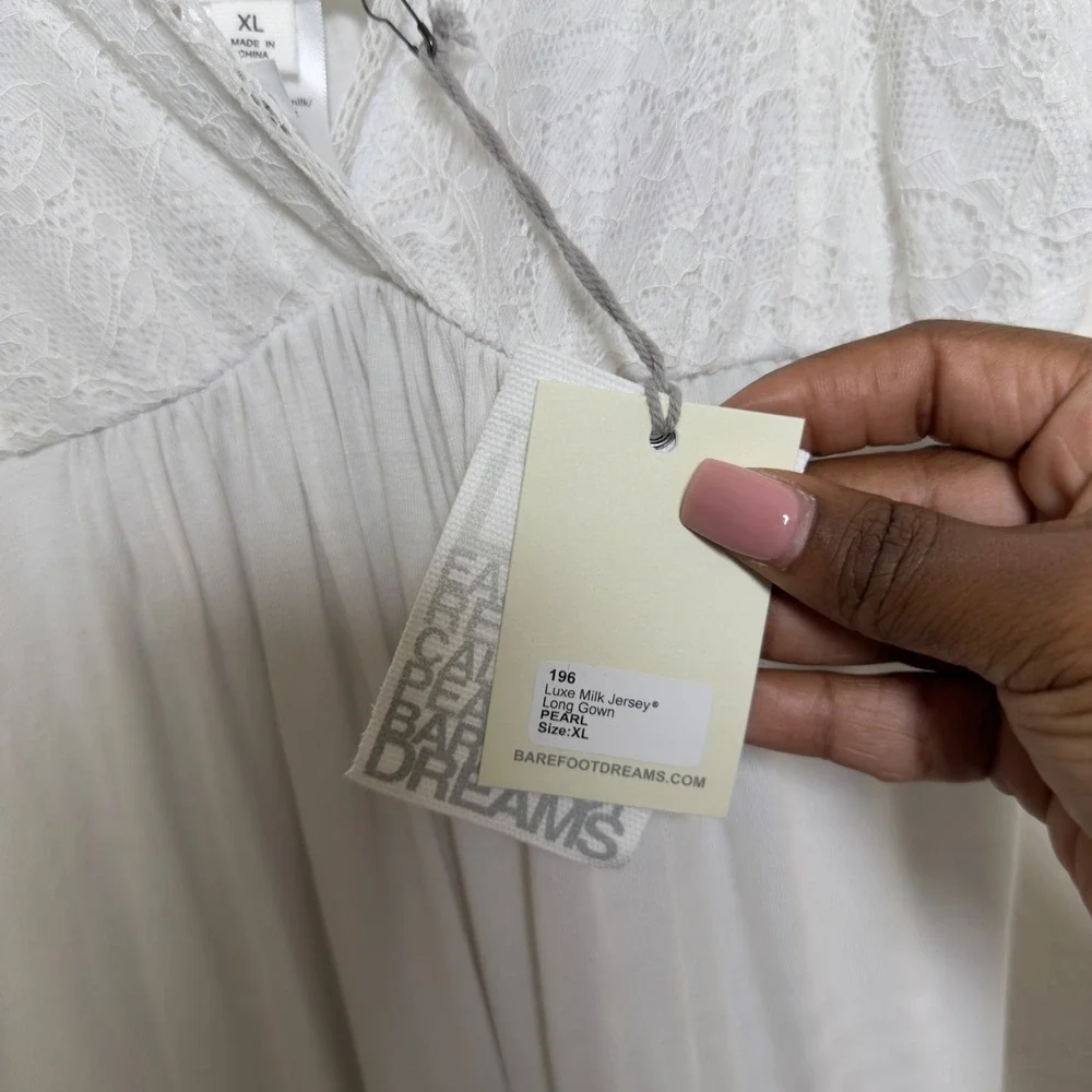 NEW Barefoot Dreams Women Luxe Milk Jersey Dress Gown XL Pearl Lace Nightgown‎